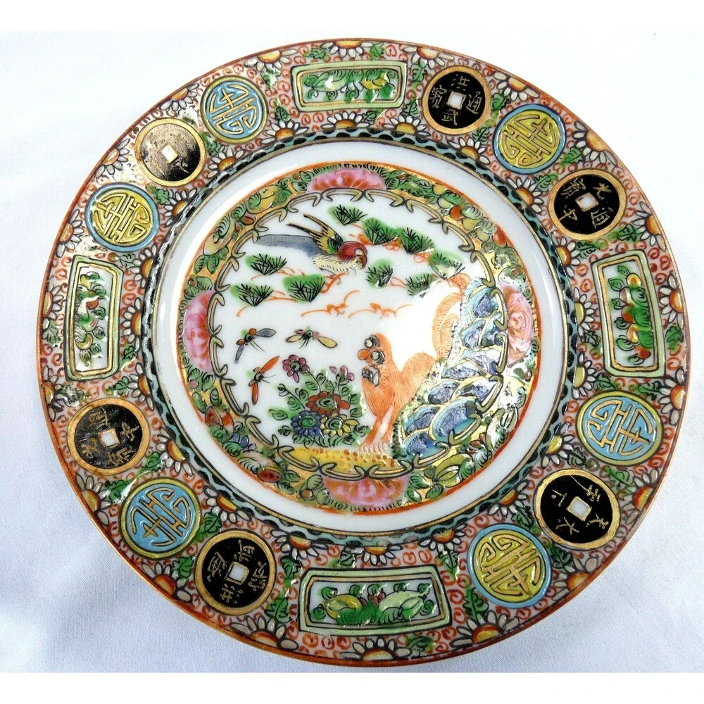 Pair of Antique Canton Famille Rose Porcelain Plates Hand‑Painted Excellent